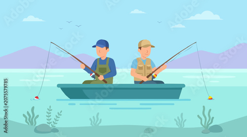 Konstfotografi Two men fishing from a boat on a calm lake with mountains in flat style