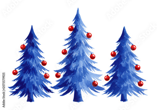 three stylized fir trees rendered in loose, wet-on-wet sapphire blue watercolor with contrasting small red glass ornaments, isolated on transparent, sophisticated minimal holiday concept