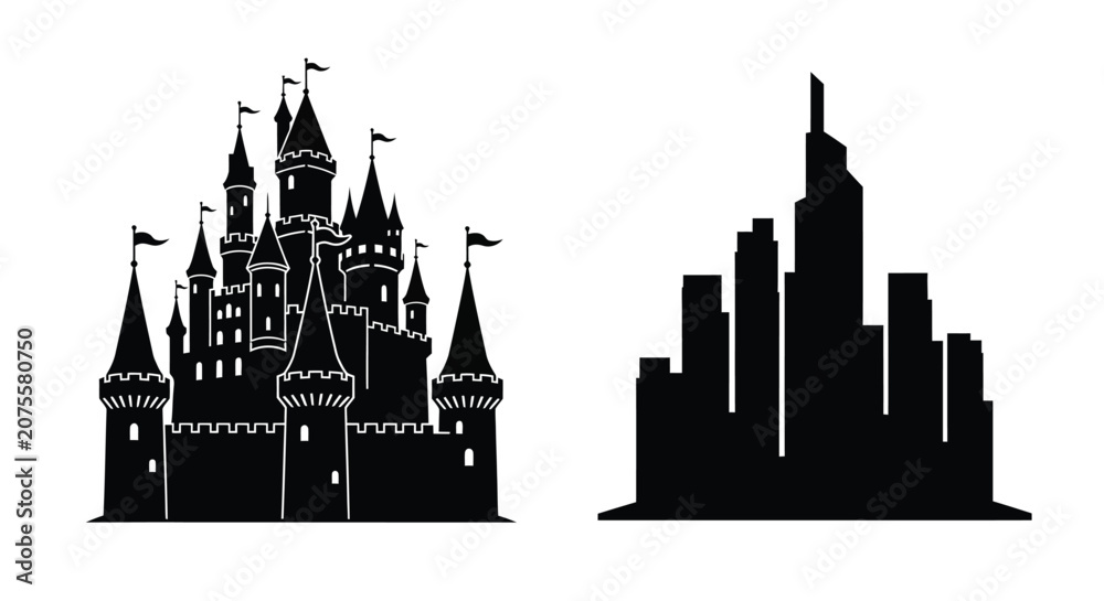 Fototapeta premium Castle And Cityscape Silhouettes On White Background