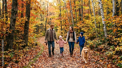 Happy family with golden retriever dog walking on a path in a vibrant autumn forest
