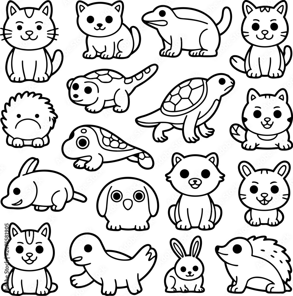 Fototapeta premium Cute cartoon animals collection with simple line art style for children's projects and whimsical designs