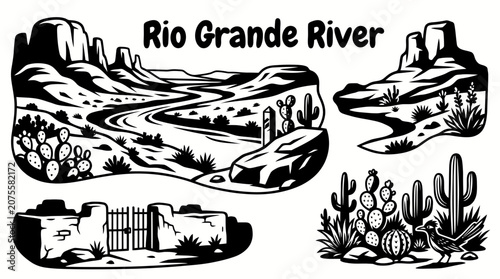 Bild auf Leinwand Rio Grande River landscape vector collection isolated for American southwest nature, desert scenery, geography, travel, and outdoor exploration concepts