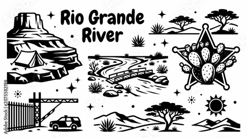 Foto Rio Grande River border landscape isolated vector set, desert waterway and Ameri