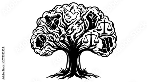 Konstfotografi Tree of Justice and Equality: Human Rights, Diversity, Freedom, Peace, Scales of