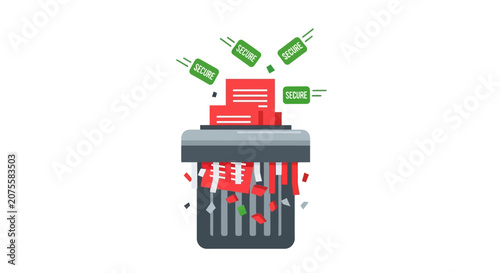 Document Shredder Machine Icon Destroying Red Confidential Files for Data Privacy and Security. Flat Vector Illustration of Information Disposal and Identity Theft Protection.
