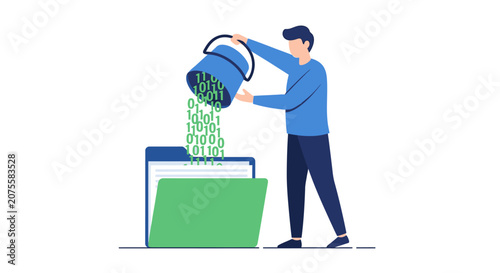 Data Management and Digital Storage Concept: Man Pouring Binary Code from a Bucket into a Digital Folder. Flat Vector Illustration for Technology and Information Organization.