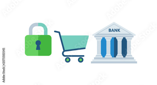 Secure Online Banking and E-commerce Flat Vector Icon Set Featuring a Padlock, Shopping Cart, and Bank Building for Financial Technology Concepts