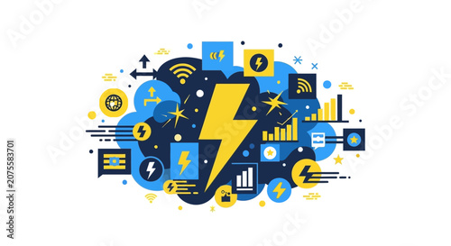 Digital Power and High-Speed Connectivity Flat Illustration with Lightning Bolt, Data Charts, and Technology Icons for Innovation and Energy Concepts