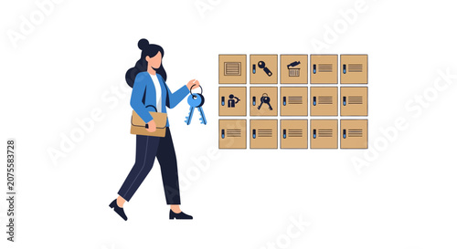 Professional Woman Holding Keys Near Storage Lockers or Archive Boxes - Vector Concept for Property Management, Security, and Organization