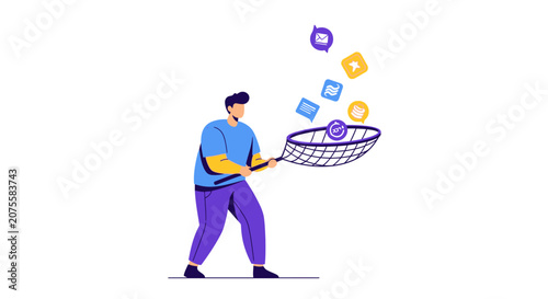 Marketing Specialist Catching Social Media Icons with a Net, Lead Generation and Digital Data Collection Concept Vector Illustration