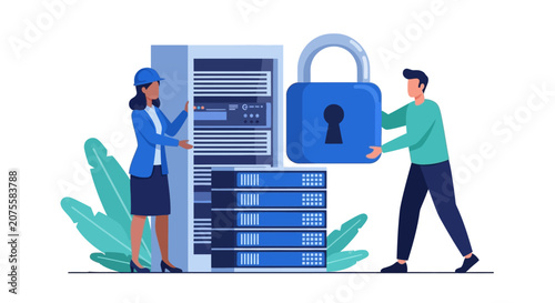 Data Security and Cybersecurity Concept: IT Professionals Protecting Server Racks with a Large Padlock for Cloud Privacy and Network Safety
