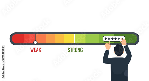 Password Security Concept: User Creating a Strong Secure Password on a Color-Coded Strength Meter Graphic. Flat Vector Illustration for Cybersecurity and Data Protection.