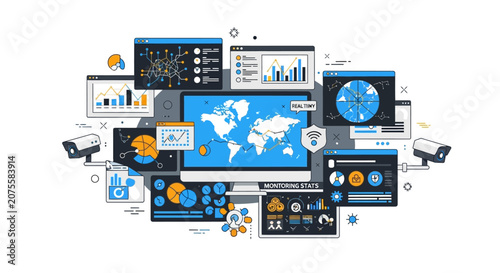 Global Data Monitoring and Analytics Dashboard Illustration featuring World Map, Cybersecurity Icons, Financial Charts, and Business Intelligence Metrics