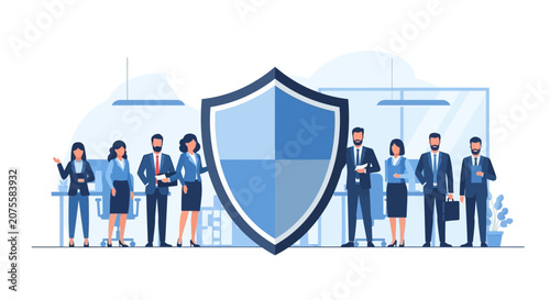 Business Team Behind a Security Shield Representing Data Protection, Corporate Insurance, and Cybersecurity Safety Concept in Modern Office