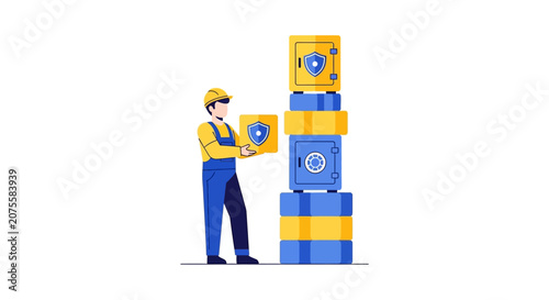 Cybersecurity and Data Protection Illustration of a Worker Building Secure Infrastructure with Safes and Shields