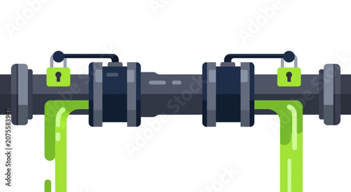 Industrial Security Pipe Illustration with Padlocks and Leaking Green Liquid - Concept for Cyber Security Breach, Data Leak, or Environmental Waste