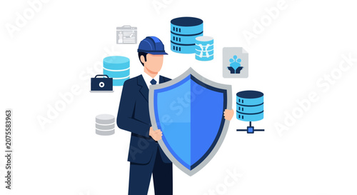 Data Security Concept with IT Specialist Holding Shield Over Server Databases and Information Storage - Cybersecurity and Information Protection Vector Illustration