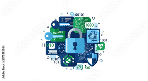 Cybersecurity and Digital Data Protection Concept Illustration with Padlock, Shield, Biometrics, and Binary Code elements on White Background