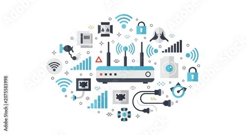 Modern Flat Vector Illustration of a Wi-Fi Router with Network Connectivity Icons and Smart Home Technology Concepts