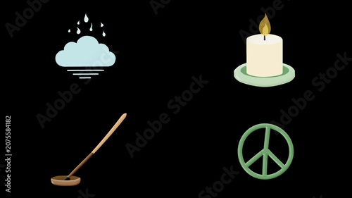 2D Animated Relaxation Collection with Rain Candle Incense and Peace Symbol
