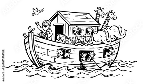 Cuadro en lienzo Cute Freehand Black and White Noahs Ark Cartoon with Animals Vector Drawing