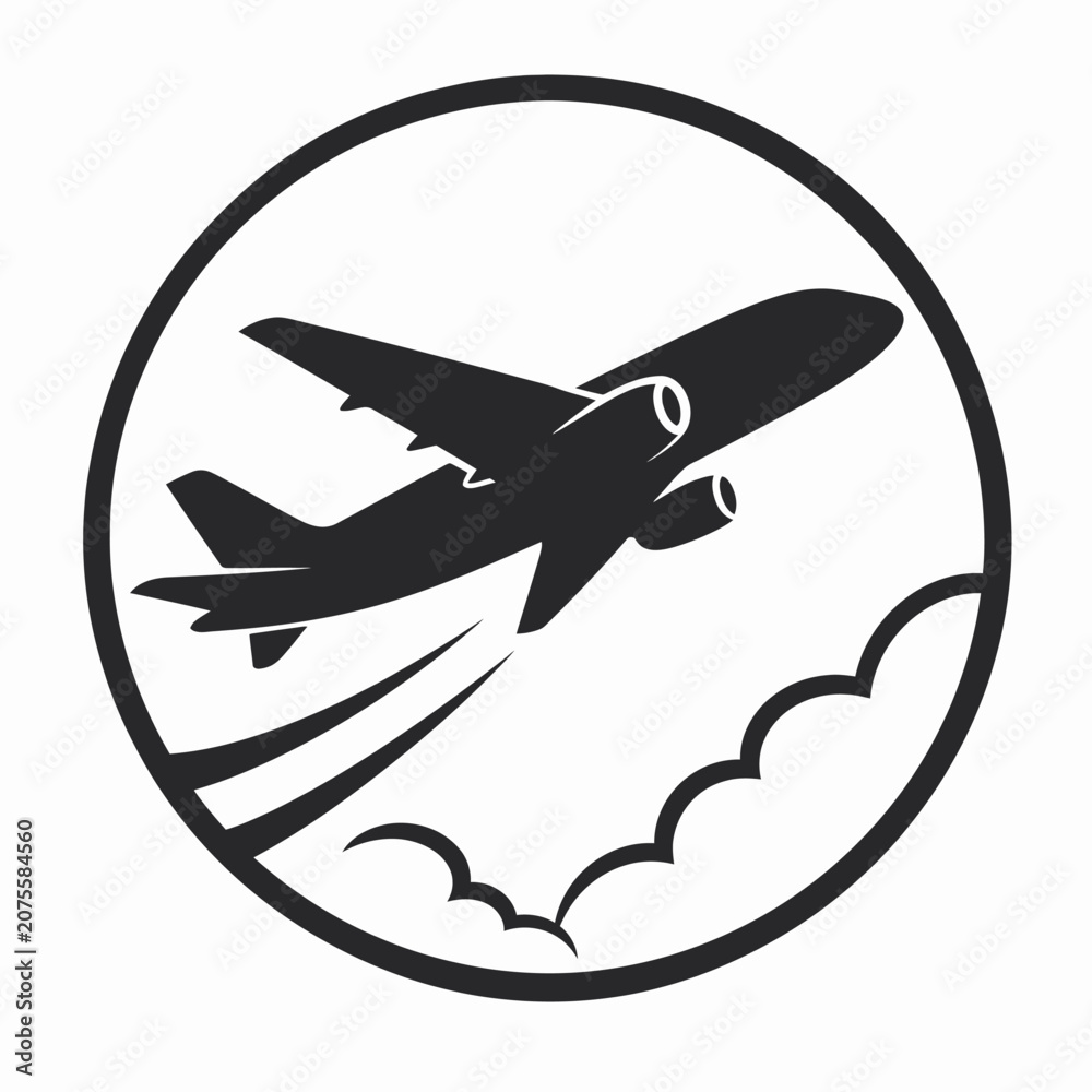Naklejka premium Black silhouette of an airplane with clouds and a swoosh trail