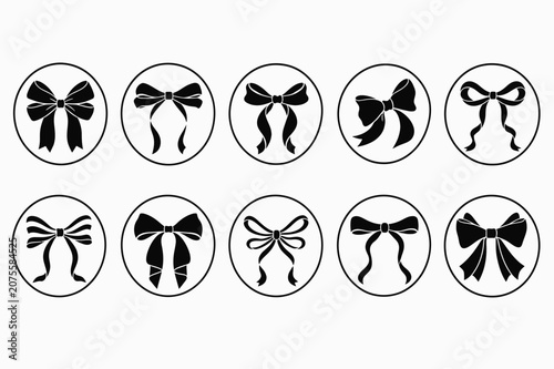 Ten black bow with flowing ribbon tails in circular frames