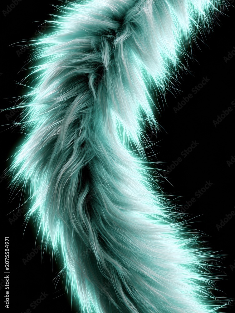 Fototapeta premium A close-up view shows the fluffy tail of an arctic fox glowing in pale green and white colors. The tail shines brightly in the dark.
