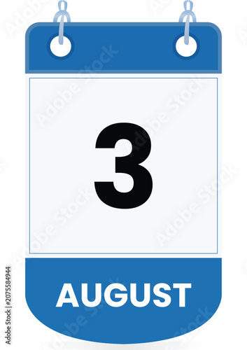August 3 calendar icon in blue and white colors Clean vector-style date illustration suitable for mobile apps, websites, digital planner, schedules, reminder, event managemen Page Flip Single Date