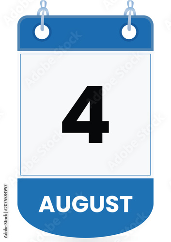 August 4 calendar icon in blue and white colors Clean vector-style date illustration suitable for mobile apps, websites, digital planner, schedules, reminder, event managemen Page Flip Single Date