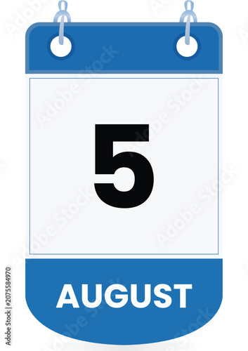 August 5 calendar icon in blue and white colors Clean vector-style date illustration suitable for mobile apps, websites, digital planner, schedules, reminder, event management Page Flip Single Date