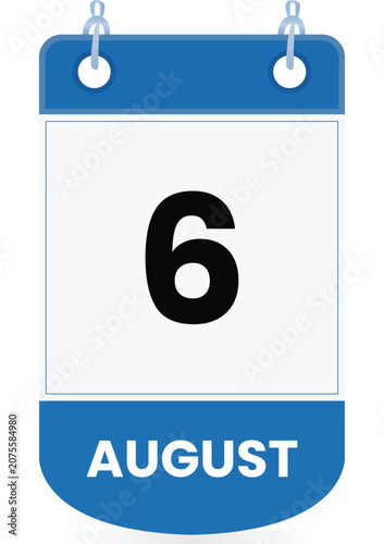 August 6 calendar icon in blue and white colors Clean vector-style date illustration suitable for mobile apps, websites, digital planner, schedules, reminder, event managemen Page Flip Single Date