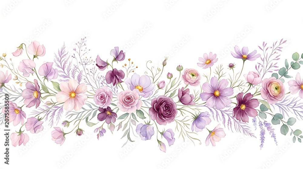 Fototapeta premium Beautiful horizontal floral border with pink and purple roses and delicate decorative garden flowers