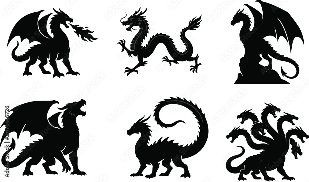 Fototapeta premium Mythological Black Dragon Silhouette Vector Icon Set Featuring Fantasy Monsters and Flying Creatures