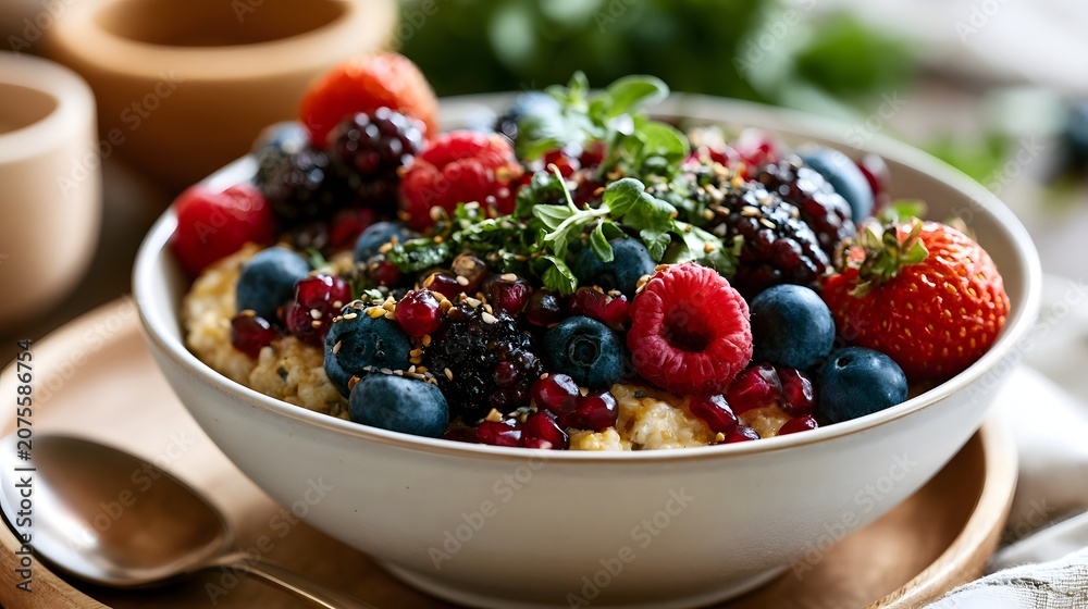 Obraz premium A close up view of a fresh healthy superfood breakfast dish beautifully garnished with vibrant herbs and seeds