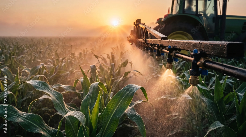 Naklejka premium Tractor Spraying Corn Field with Pesticides or Water at Sunrise