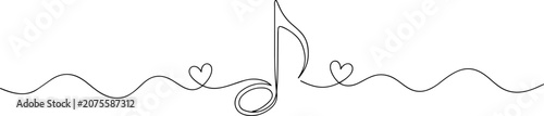 Foto Single line drawing of a musical eighth note with hearts and waves symbolizing m