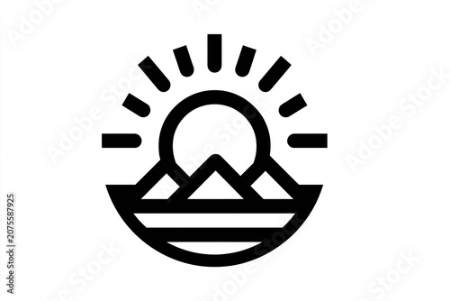 Stylized graphic depicts sun rising over layered mountains above water