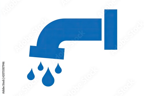 Blue graphic symbol depicts a plumbing fixture dripping liquid onto a white background