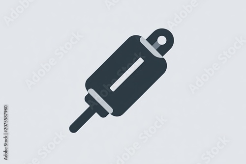 Stylized graphic representation depicts a mechanical damper component angled slightly upward.