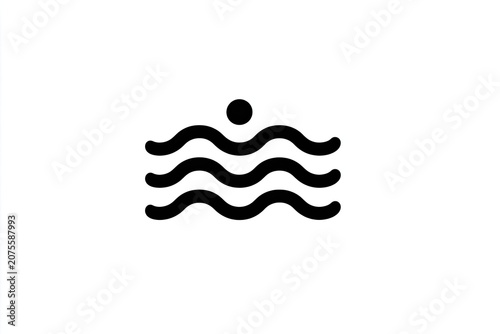 Simple graphic element depicts a dark circle positioned above three horizontal, undulating lines representing water or waves.