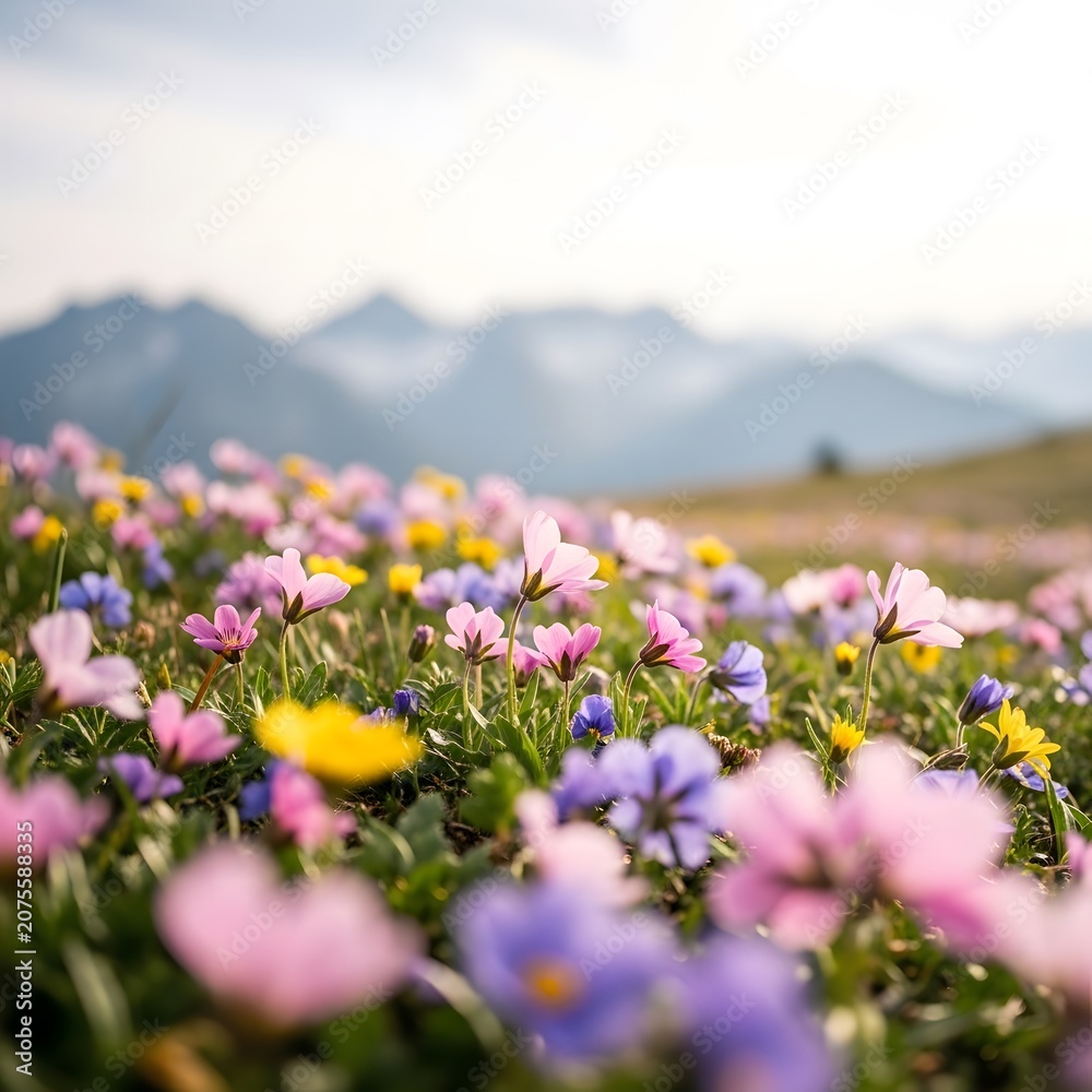Fototapeta premium A field of colorful wildflowers blooms in the foreground with soft, hazy mountains in the background