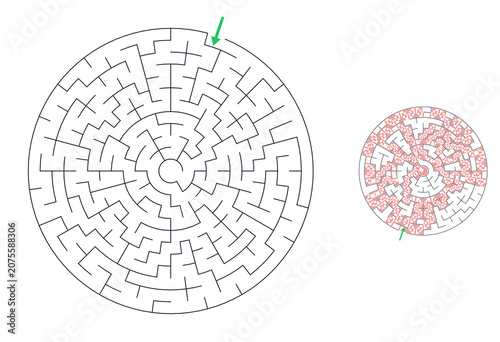 Circular maze design with pathways and highlighted solution path  