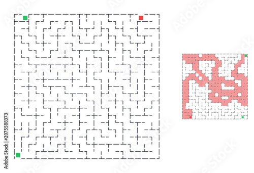 Maze puzzle with solutions shown in red and green highlights  