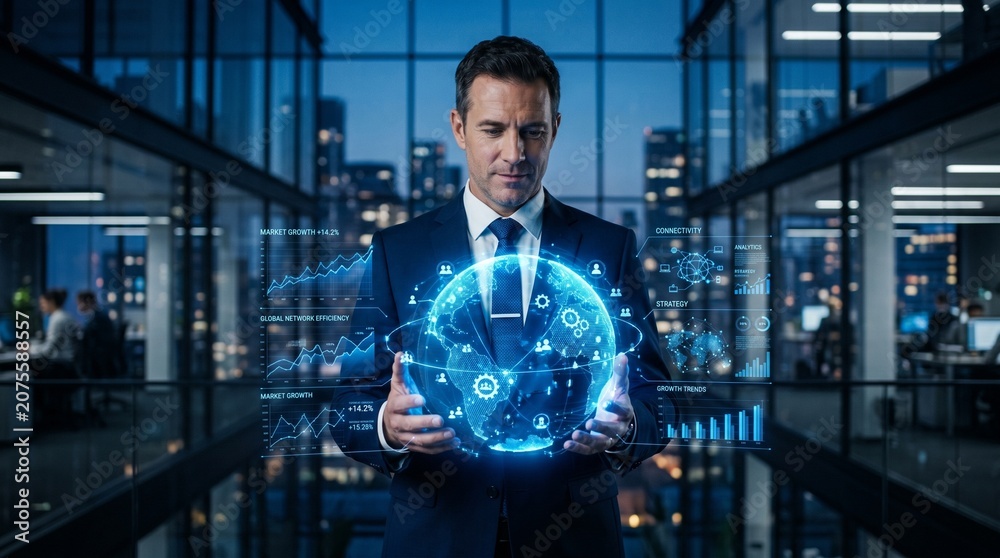 Fototapeta premium Businessman hand hold global Management network and data, organizational planning, resource optimization, corporate operations control, workflow strategy