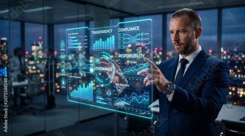 Businessman pointing at accountability management technology on futuristic digital interface screen, corporate governance, compliance monitoring, business ethics, risk control concept