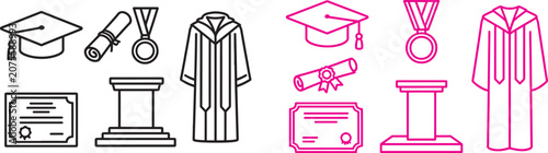 Fényképezés Graduation icon set with mortarboard cap diploma scroll academic gown medal and