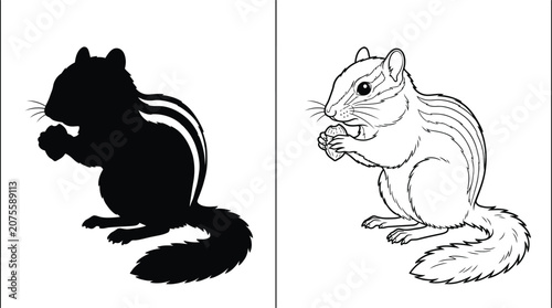 Foto Squirrel Line Art and Silhouette Graphic with a Cute Chipmunk Holding a Nut, Perfect for Nature-Themed Designs