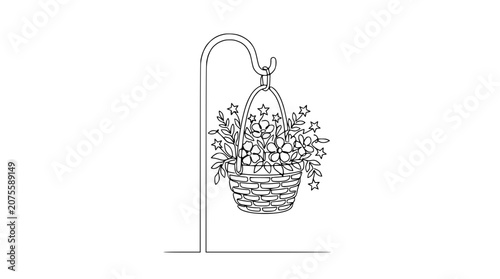 Continuous line drawing of a hanging flower basket with stars on a hook