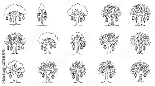 Tableau sur toile Whimsical Tree Collection with Hanging Lanterns - Hand Drawn Line Art Icons